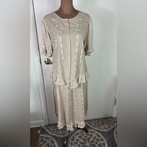 Marisol Vintage 80’s Wmn. Sz 10P hand Embroider ruffle lace top/skirt Set beige